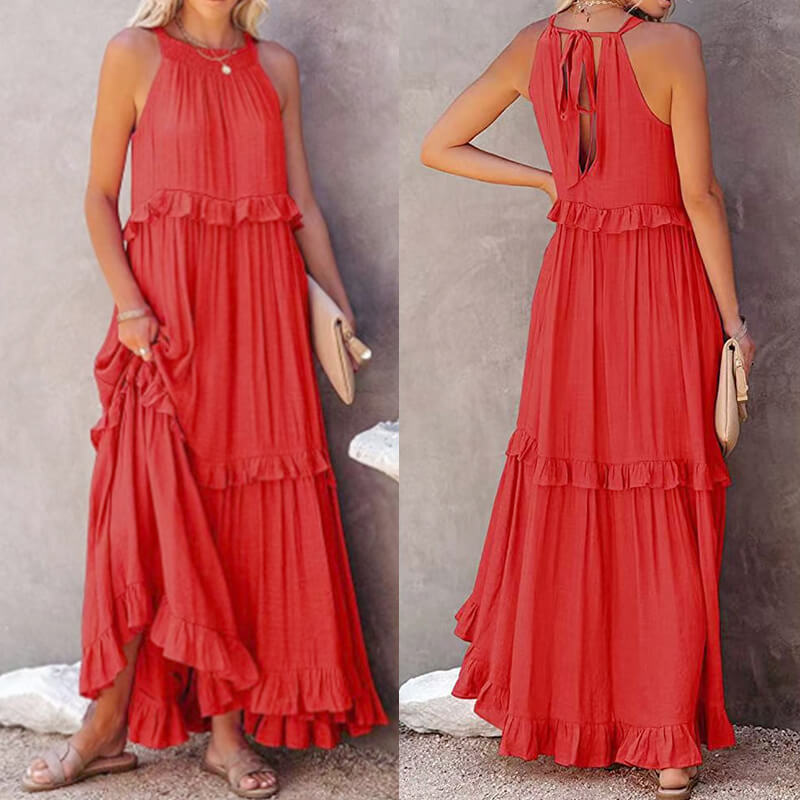 Women's Summer Casual Sleeveless Strappy Backless flounces Dress