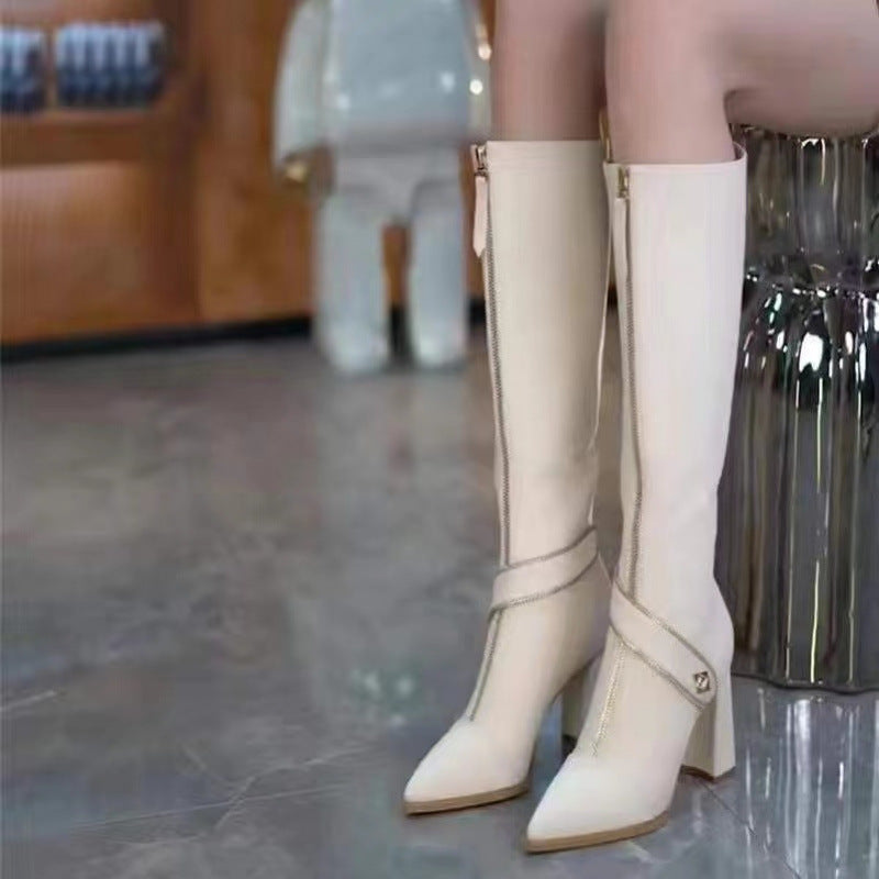 🔥Pointed Toe Chunky Heel Knee High Boots