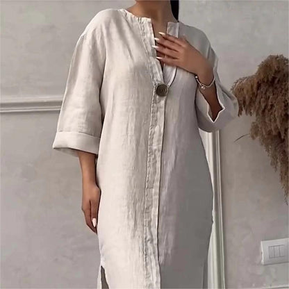 Casual Breathable 3/4 Sleeves V Neck Solid Color Dress