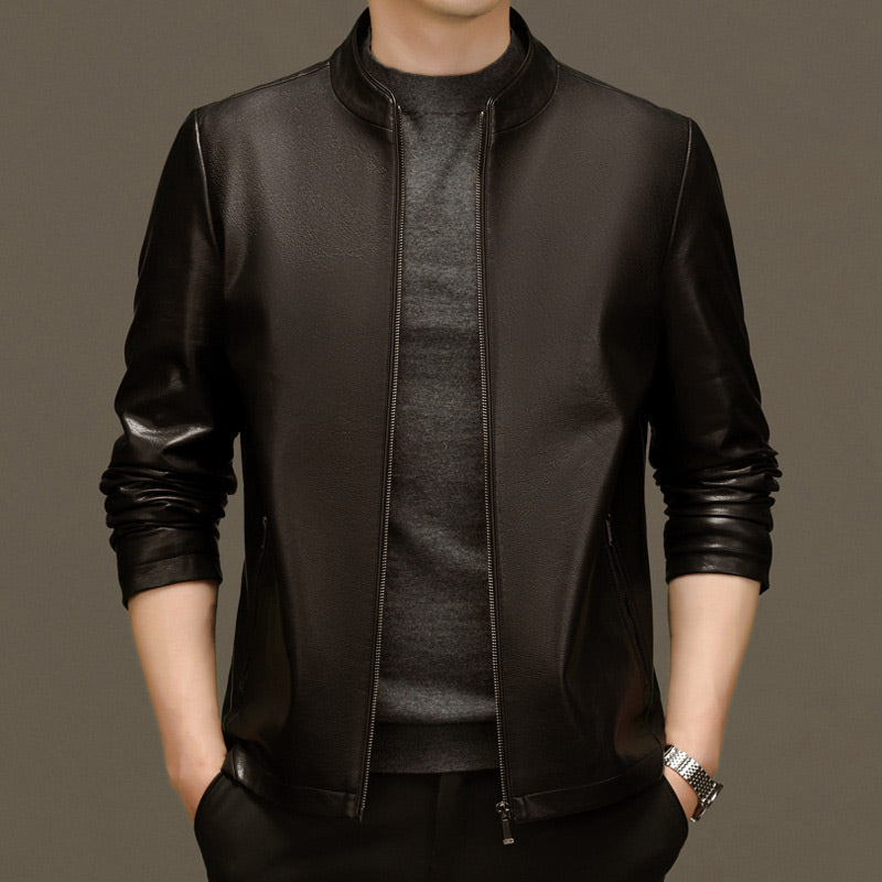 Men's Classic Leather Jacket with Zipper Front