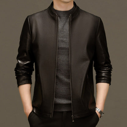 Men's Classic Leather Jacket with Zipper Front