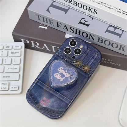 Printed Denim Shockproof Case With Heart Popsocket