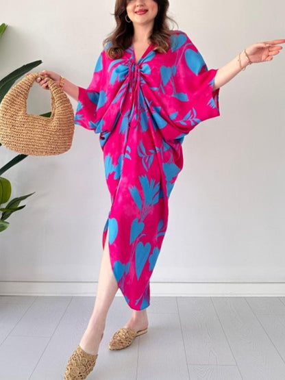 💃 Fashion Printed Loose Bat Sleeves V-neck Drawstring Dress