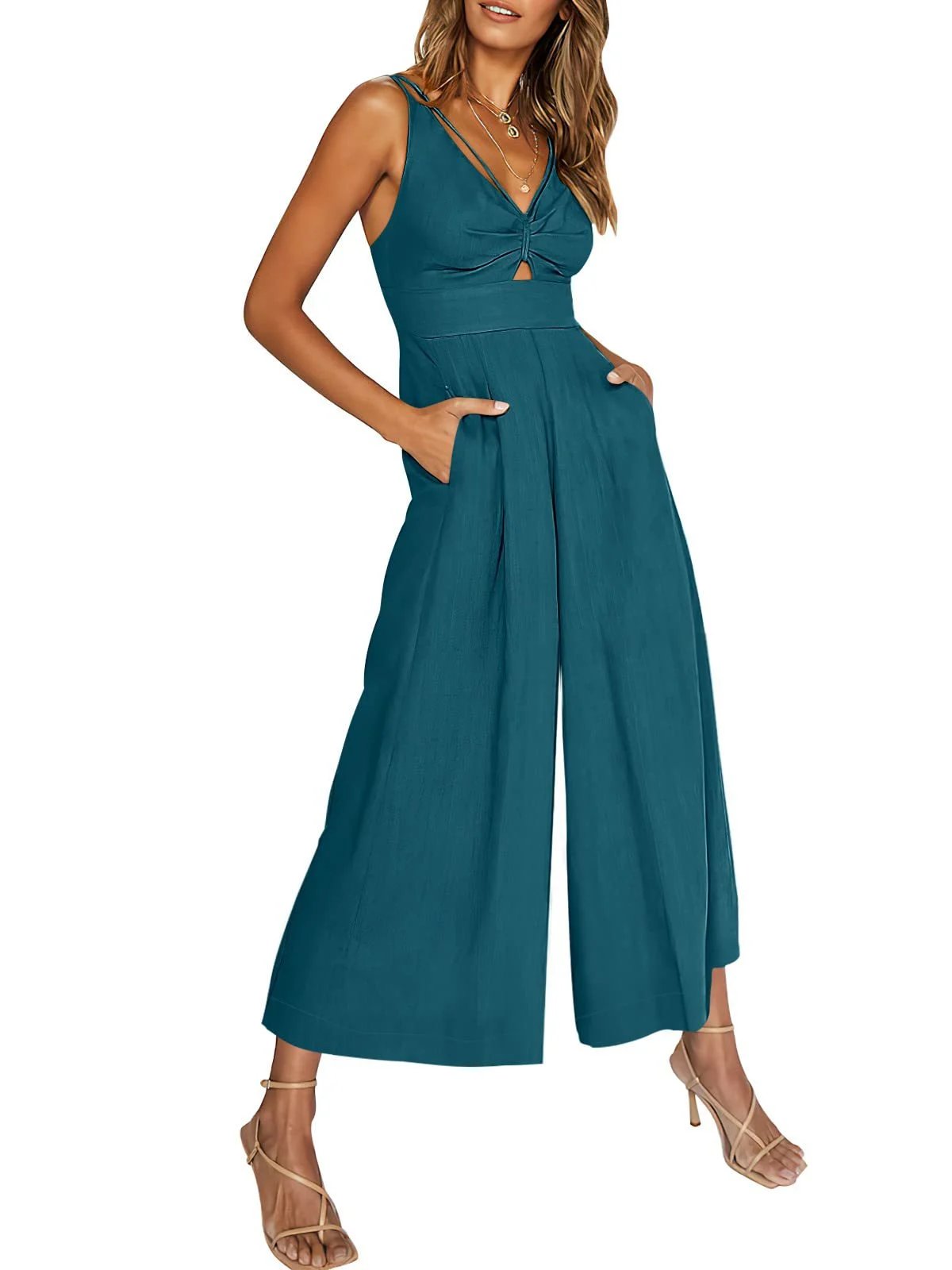 Summer V Neck Cutout Wide Leg Jumpsuits