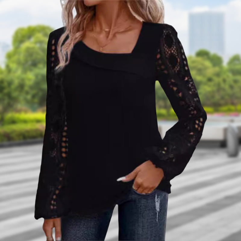 Women's Cutout Lace Patchwork Long-Sleeve Top