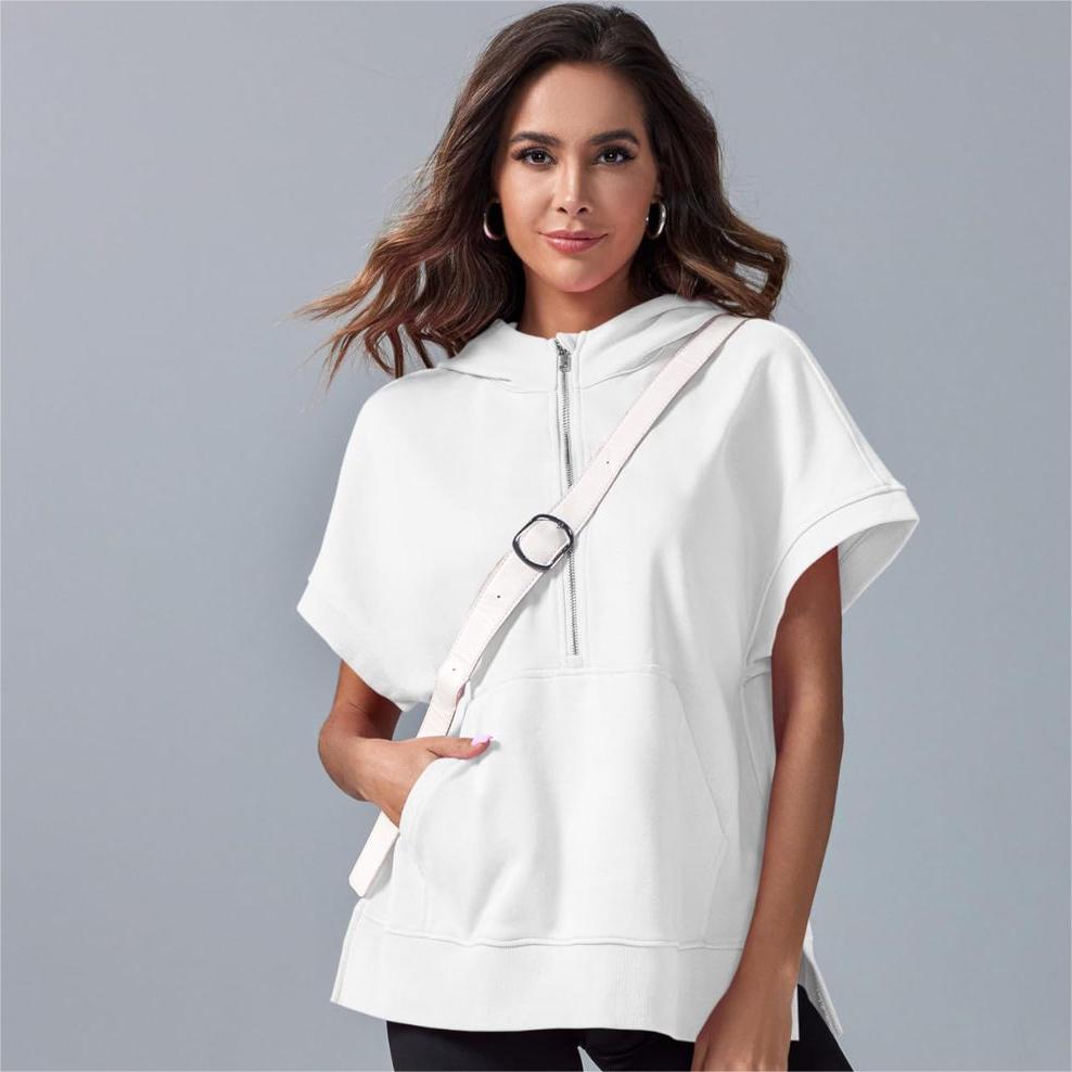 Oversized Casual Half Zip Short Sleeve Pullover Tops with Pockets