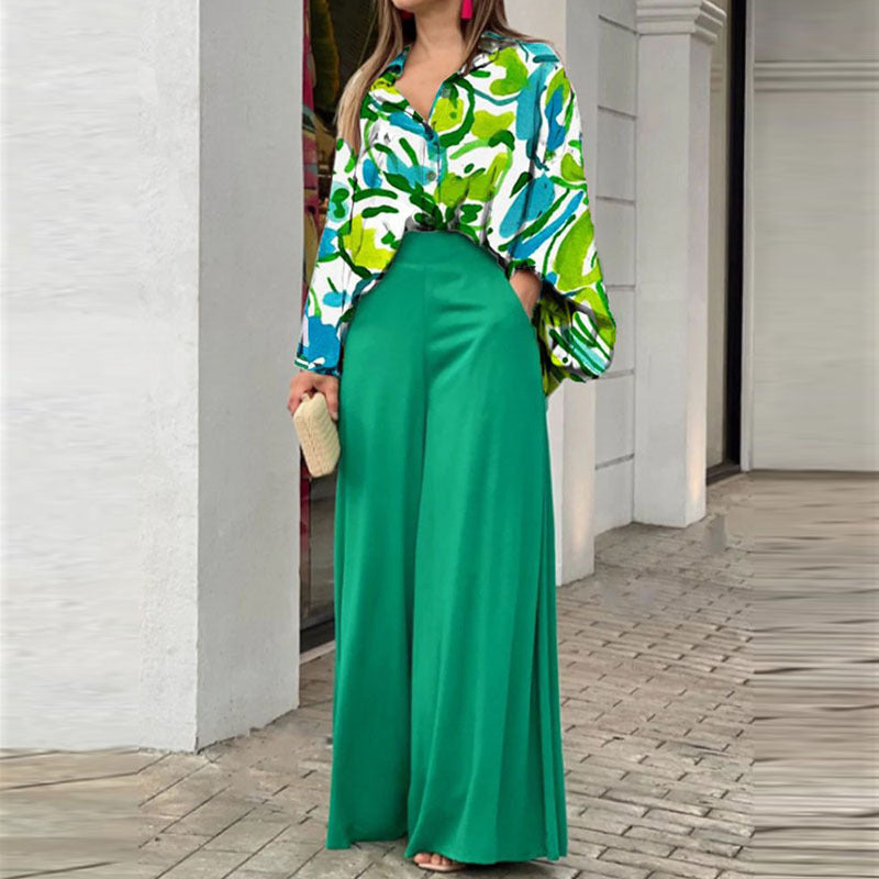 Women's Floral Shirt and Wide Legged Trousers with High Waist (1 Set)