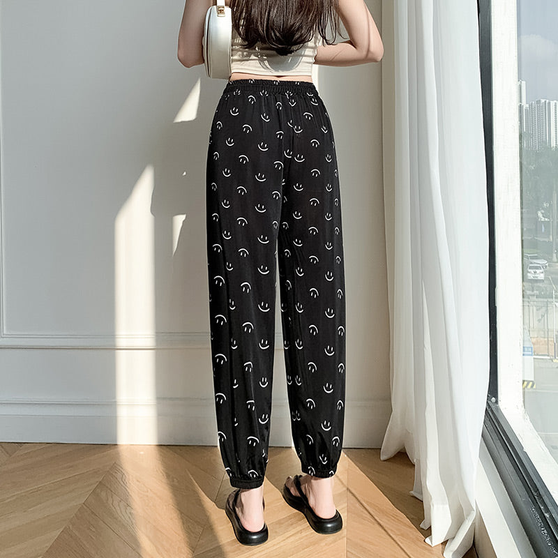 Smile Face Print Casual Ice Silk Pants with Pockets