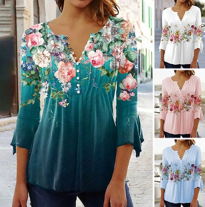 Women's Floral Button V-Neck Pleated 3/4 Sleeve T-Shirt