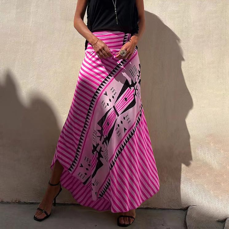 Women’s Satin Geometric Print Elastic-waist Maxi Skirt