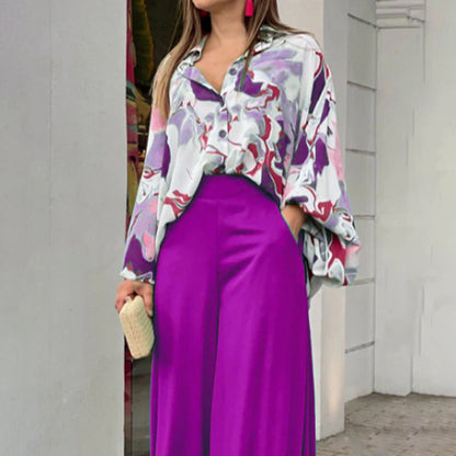 Women's Floral Shirt and Wide Legged Trousers with High Waist (1 Set)