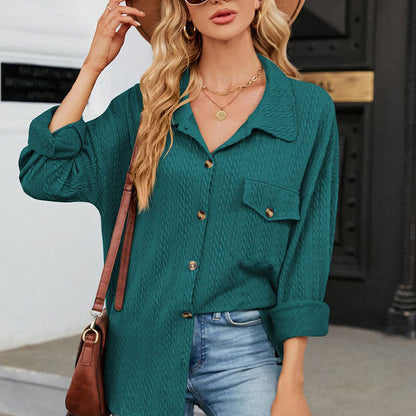 Women's Lapel Knit Long-Sleeve Button Down Top