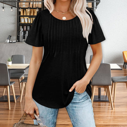 Women's Summer Round Neck Short Sleeve Pleated T-Shirt