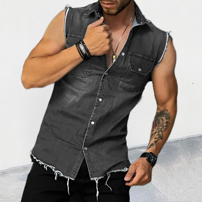 MEN'S VINTAGE LAPEL SLEEVELESS DENIM SHIRT