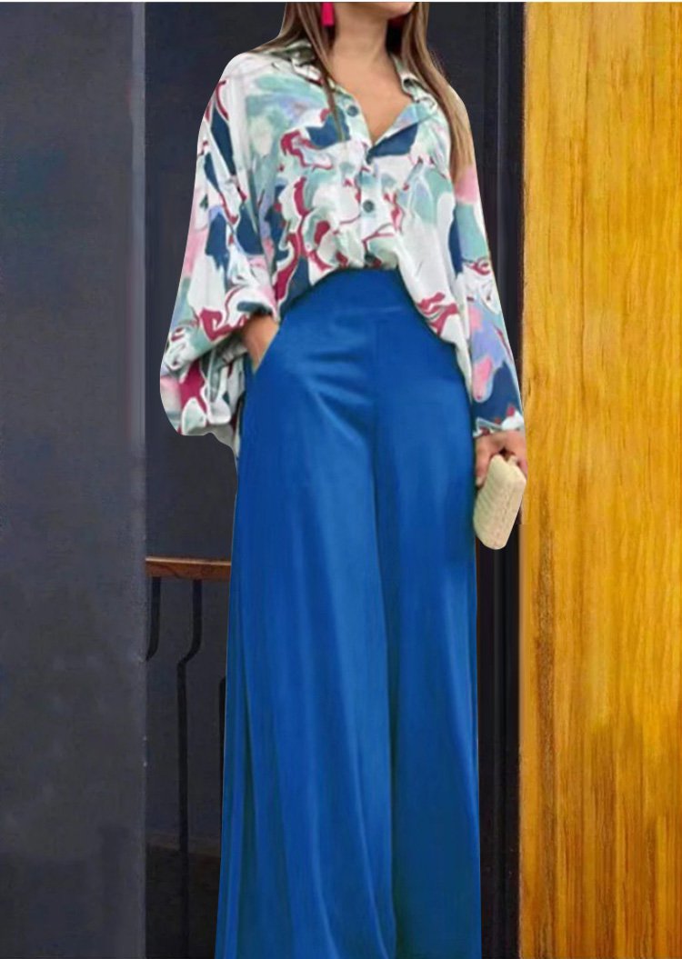 Women's Floral Shirt and Wide Legged Trousers with High Waist (1 Set)