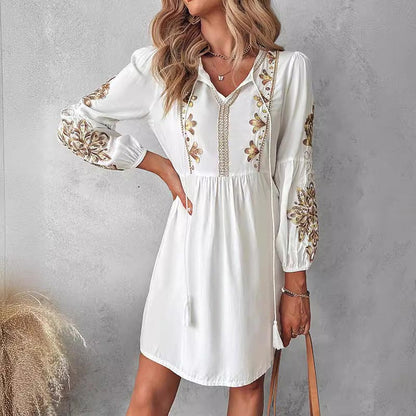 Women's Boho Floral Embroidery Tied Detail Casual Dress