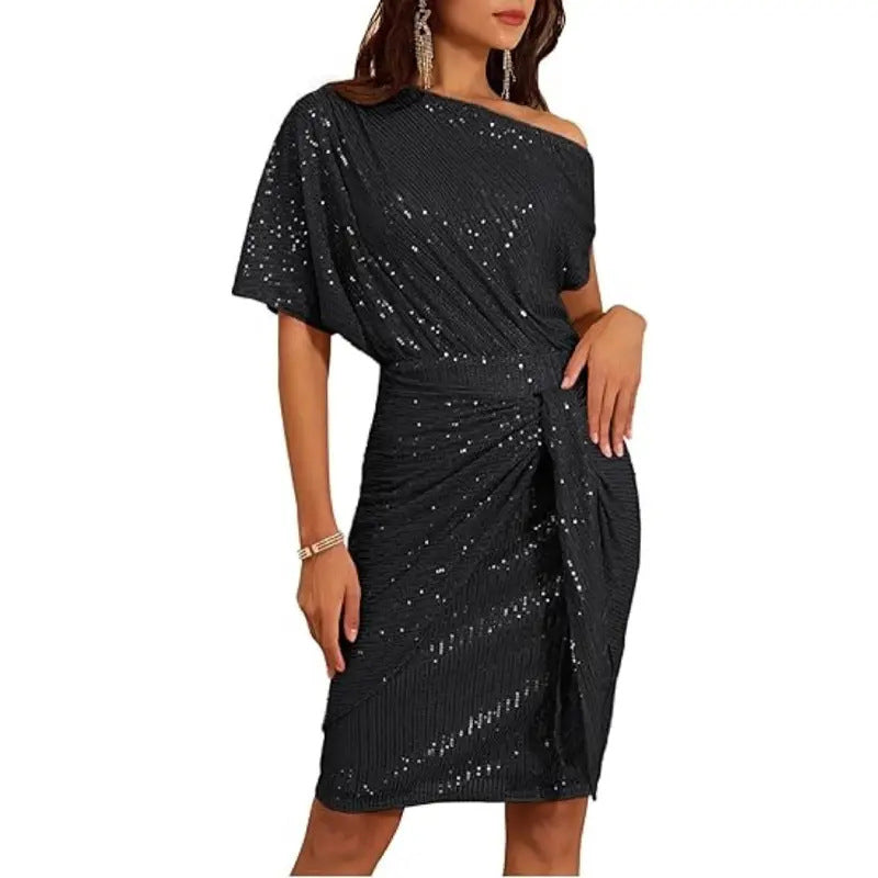 Sparkly One-Shoulder Ruched Dress