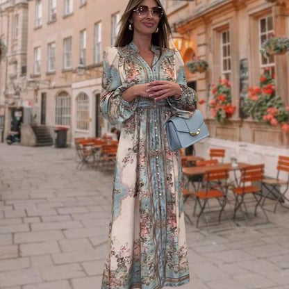 Elegant V-Neck High Waist Buttoned Floral Dress