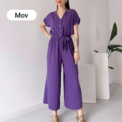 💖 Women's V-Neck Short Sleeve V-Neck Casual Jumpsuit