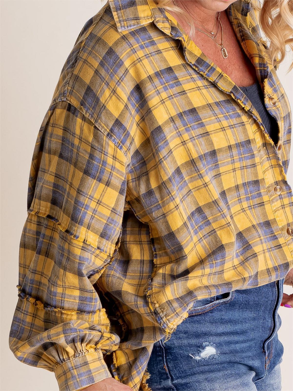 Women's Mineral Washed Button Down Plaid Shirt