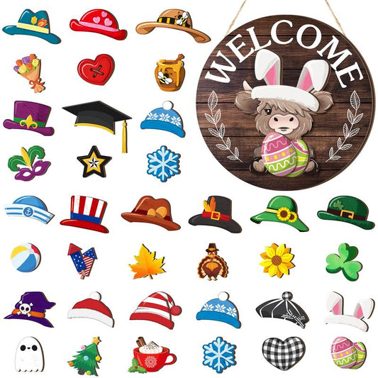 🐇 Easter Sale💥Highland Cow Sign Interchangeable Welcome Sign with Magnet Detachable Hats Cute Cattle Hanging