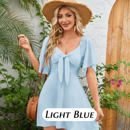 Elegant Deep V Neck Bow-Tie Mini Dress-Very Good Elasticity~