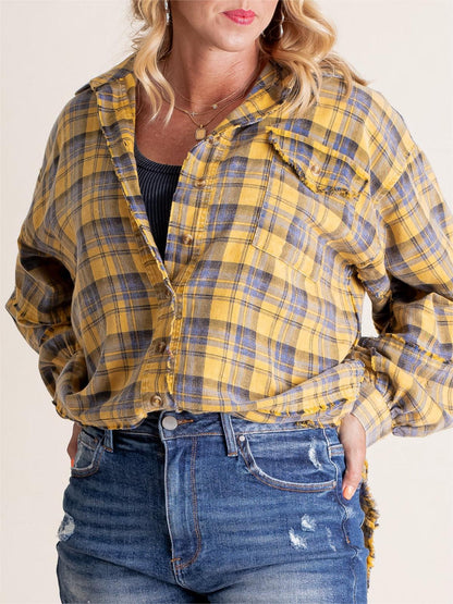 Women's Mineral Washed Button Down Plaid Shirt