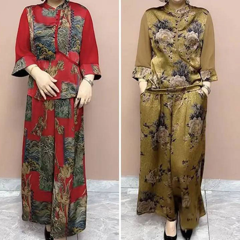 Plus Size Flowy Fashion Printed 2-Piece Set for Middle-aged Women