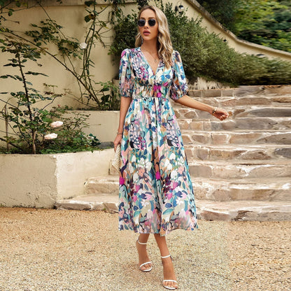 Elegant Waist V-neck Floral Printed Dress