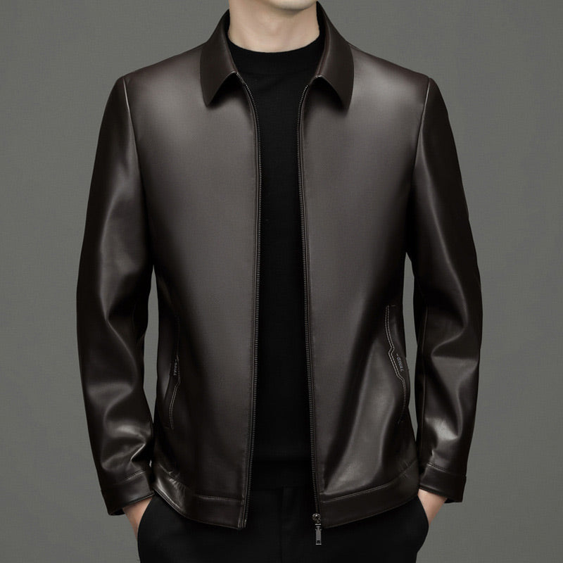 Men's Classic Leather Jacket with Zipper Front