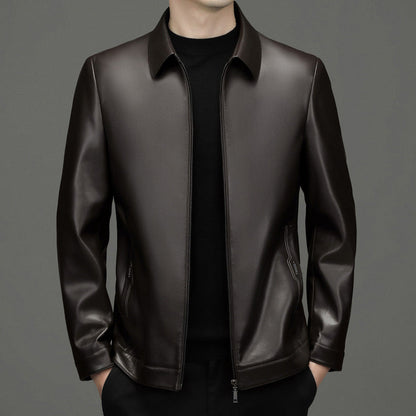 Men's Classic Leather Jacket with Zipper Front