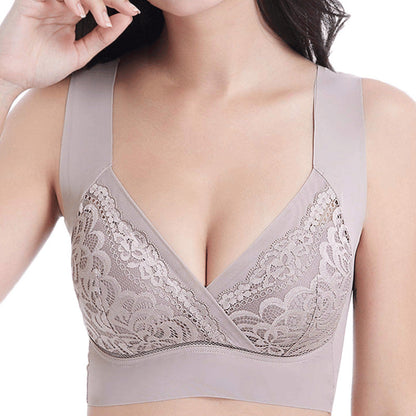 Comfort Extra Elastic Crossed Wireless Support Lace Bra for Plus Size