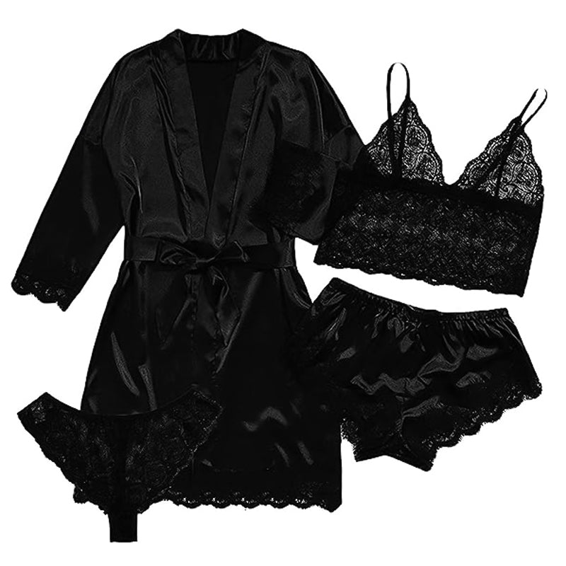 Lace Satin Suspender Nightgown Four-piece Set