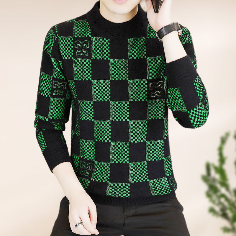 Men‘s Plaid Printed Half High Neck Thickened Pullover Sweater