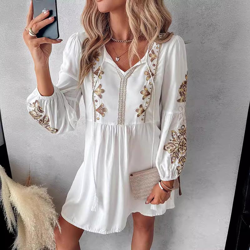 Women's Boho Floral Embroidery Tied Detail Casual Dress