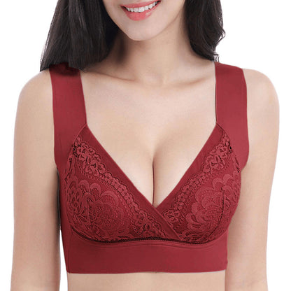 Comfort Extra Elastic Crossed Wireless Support Lace Bra for Plus Size