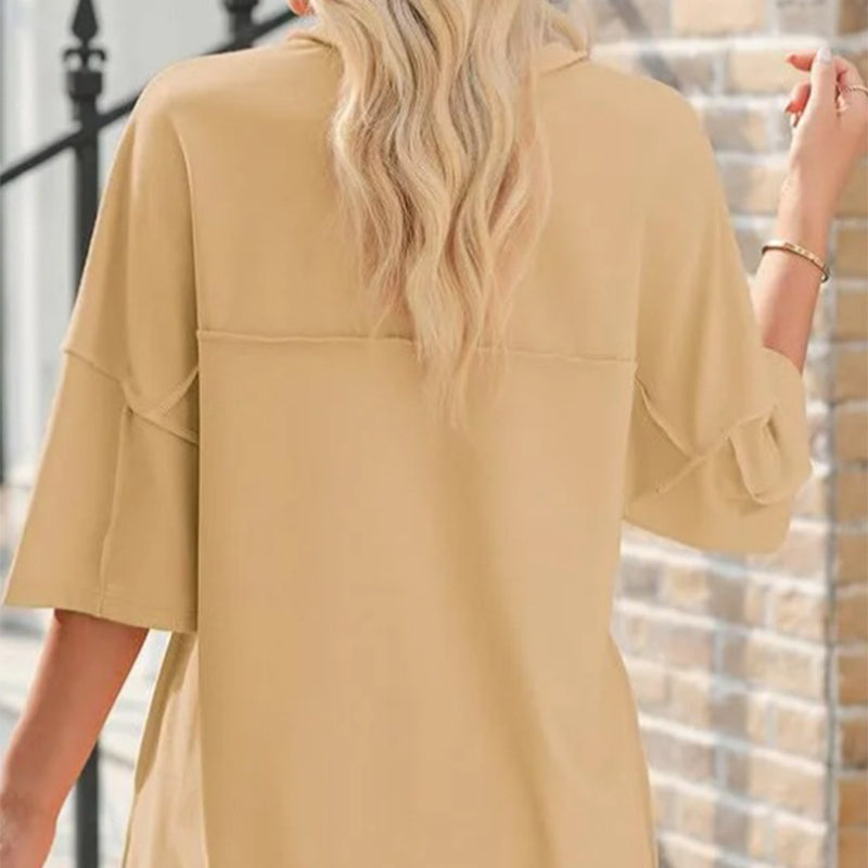 Solid Color Loose Fit Casual Half-Button Top