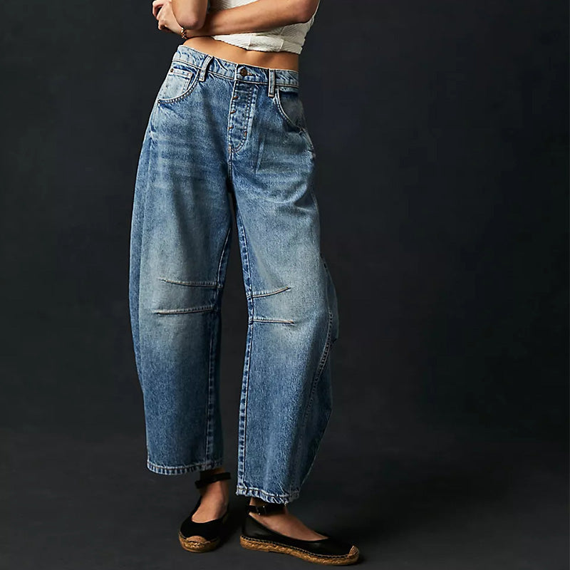 Women's Retro Mid-Rise Curved Wide-Leg Jeans