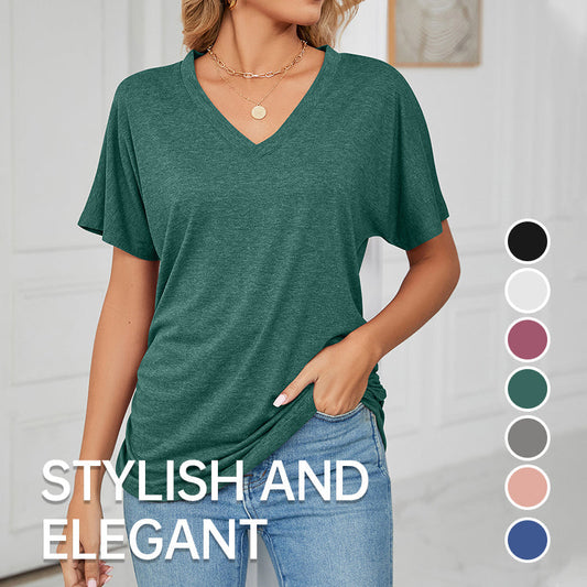 Women's V-Neck Loose Soft Solid Color Short Sleeve Top