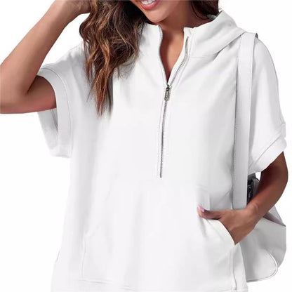 Oversized Casual Half Zip Short Sleeve Pullover Tops with Pockets