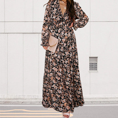 Women's Floral V-Neck Long Sleeve Flowy Dress