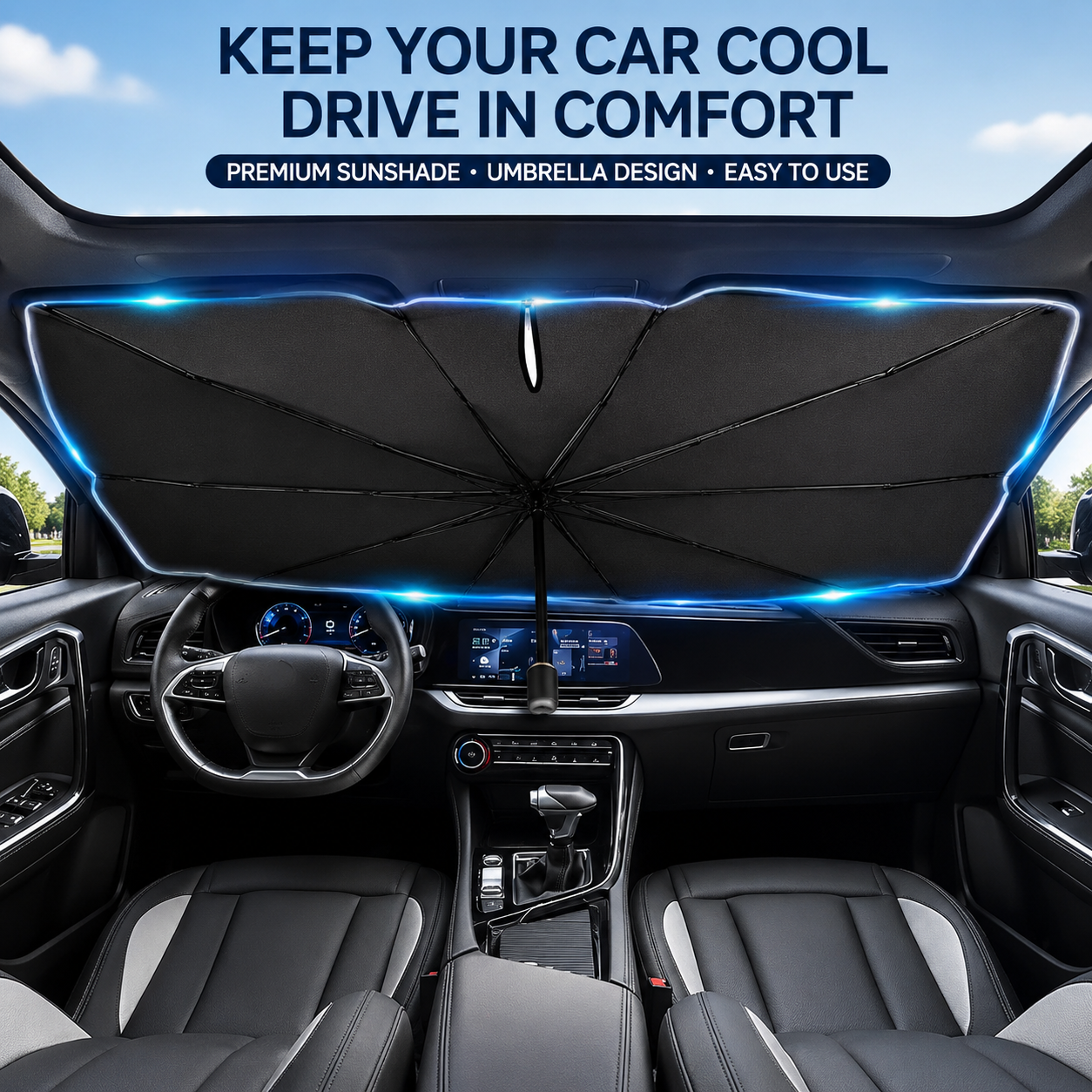 ☀️Car Sunshade – Effective Heat Insulation, UV Block & Easy Foldable Auto Windshield Protector