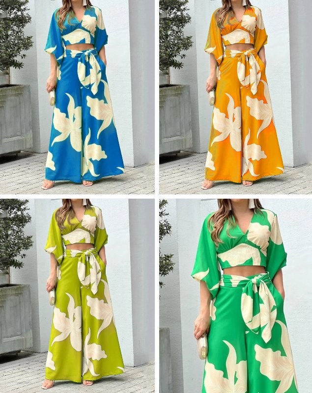 Fashion Print V-Neck Long Sleeve Top & Wide Leg Pants Two-Piece Set