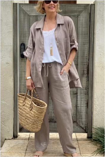 Two-piece Casual Shirt Set In Cotton And Linen