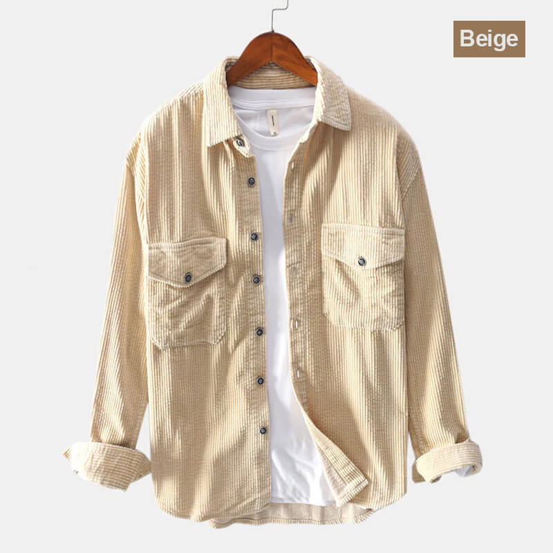 Men's Corduroy Shirt Button Long Sleeve Casual Blouse