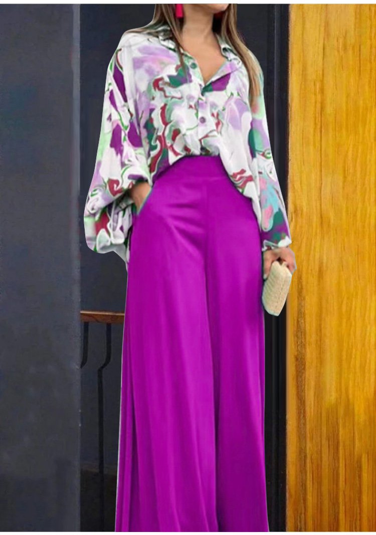 Women's Floral Shirt and Wide Legged Trousers with High Waist (1 Set)