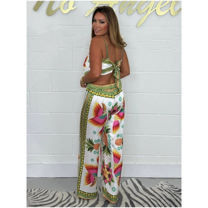 Spaghetti Strap Printed Top & Loose Women's Pants 2-Piece Set