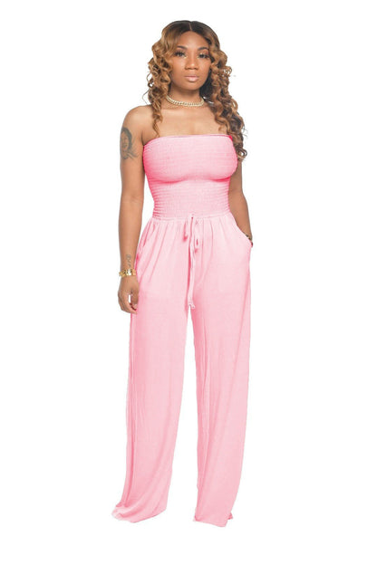 Off Shoulder Solid Color Smocked Jumpsuit