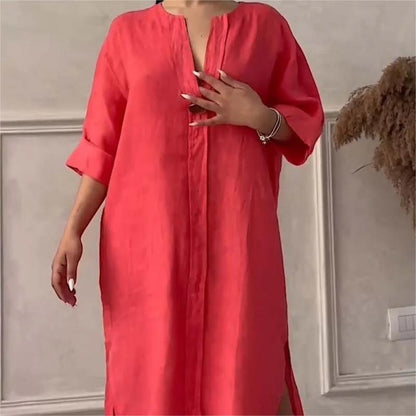 Casual Breathable 3/4 Sleeves V Neck Solid Color Dress