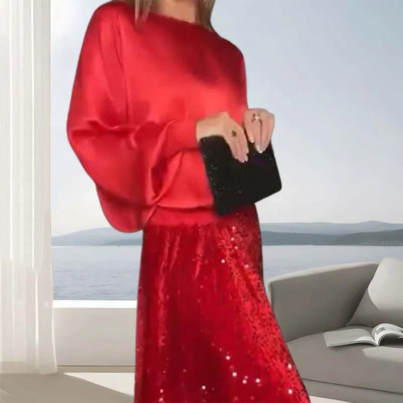 🔥Women's Long Sleeve Top & Sequin Maxi Skirt Two-Piece Set